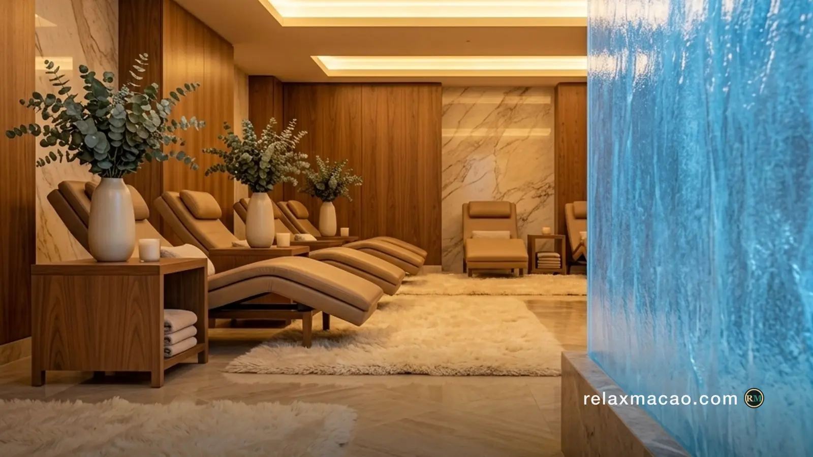 A bright, open VIP lounge in a Macau sauna club