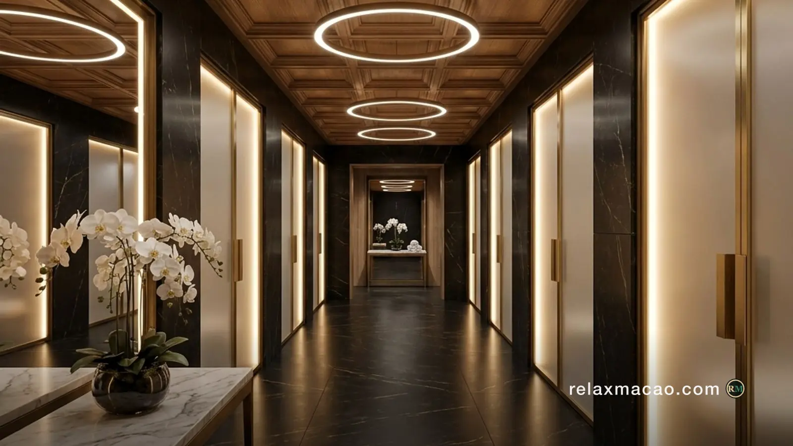 Entrance corridor of a Macau sauna lit by golden fixtures